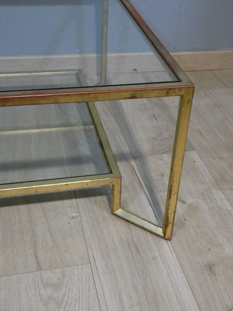 Table basse en fer doré à la feuille forme carré, deux plateaux verre, époque 1970-photo-4