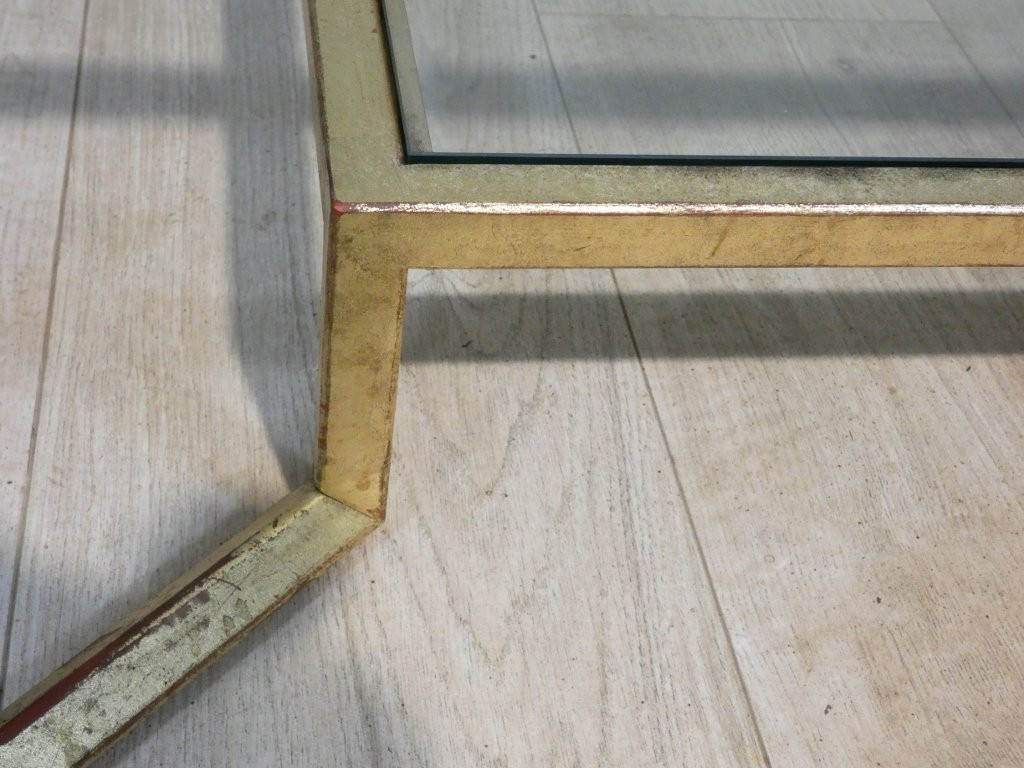 Table basse en fer doré à la feuille forme carré, deux plateaux verre, époque 1970-photo-5