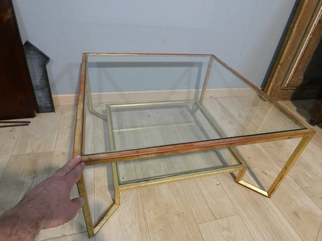 Table basse en fer doré à la feuille forme carré, deux plateaux verre, époque 1970-photo-6
