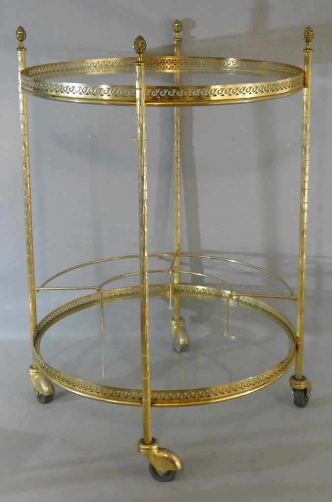Trolley, Serving Trolley, Rolling Bar In Brass And Glass, Jansen, Baguès, 1960s-photo-2