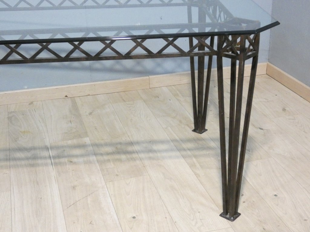 Dining Table For 8 People In Wrought Iron And Glass, 1970-80 Period-photo-2