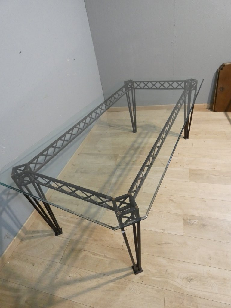 Dining Table For 8 People In Wrought Iron And Glass, 1970-80 Period-photo-1