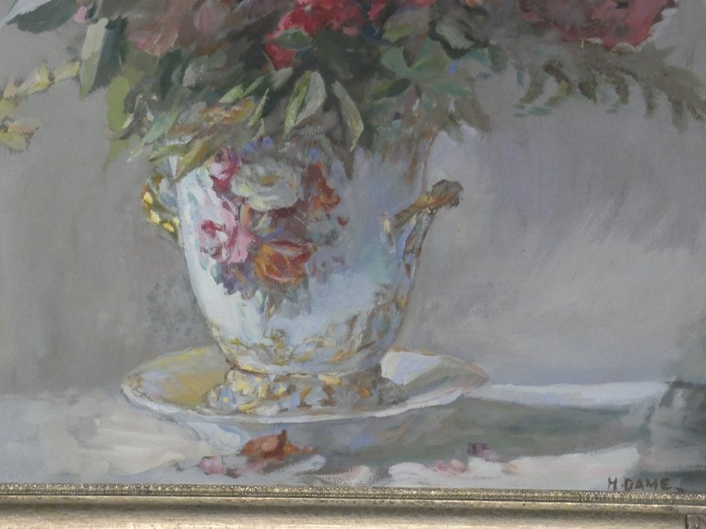 Bouquet Of Flowers In A Porcelain Vase, Still Life With Gouache Signed H Dame-photo-3