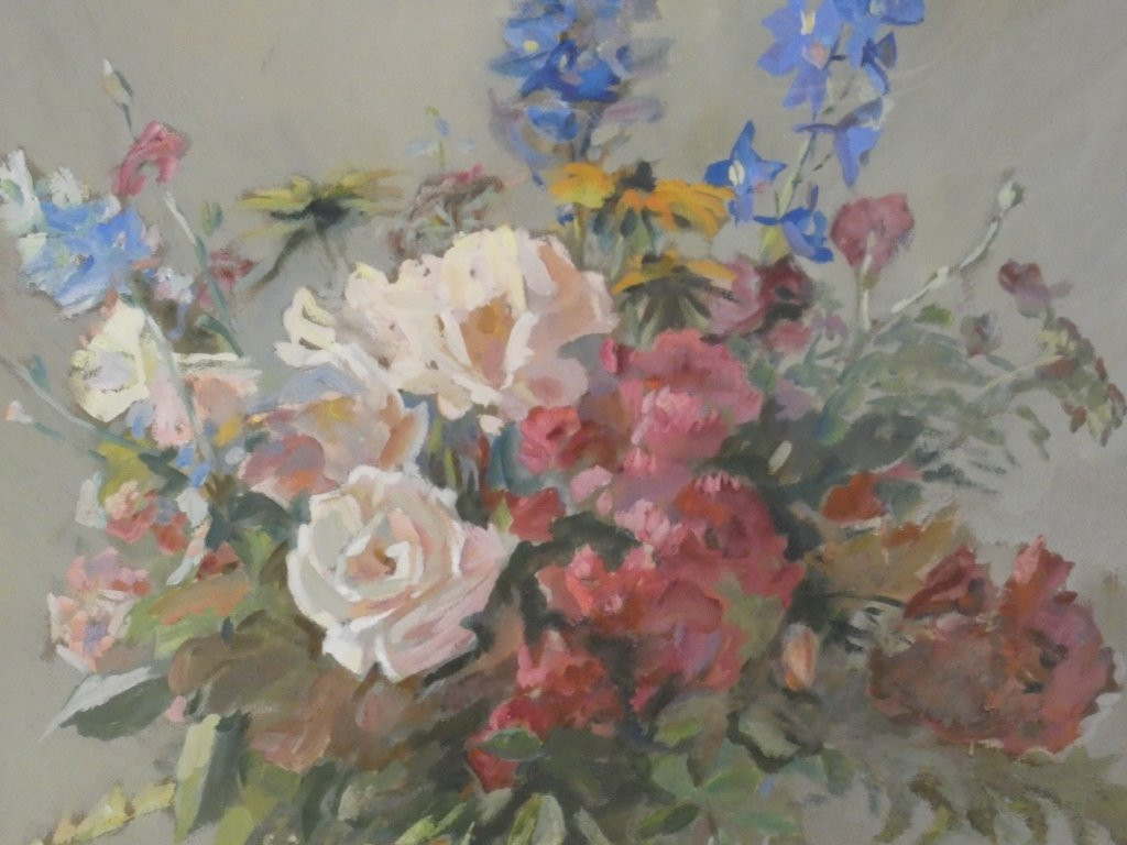 Bouquet Of Flowers In A Porcelain Vase, Still Life With Gouache Signed H Dame-photo-4