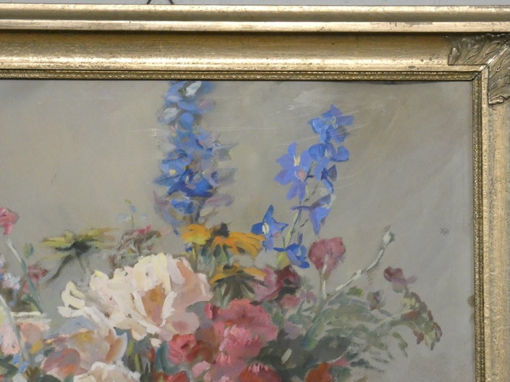 Bouquet Of Flowers In A Porcelain Vase, Still Life With Gouache Signed H Dame-photo-1