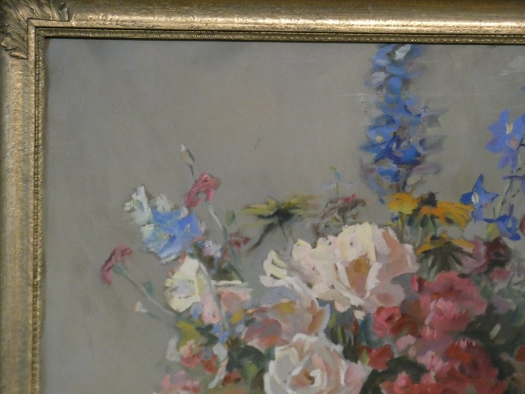 Bouquet Of Flowers In A Porcelain Vase, Still Life With Gouache Signed H Dame-photo-2