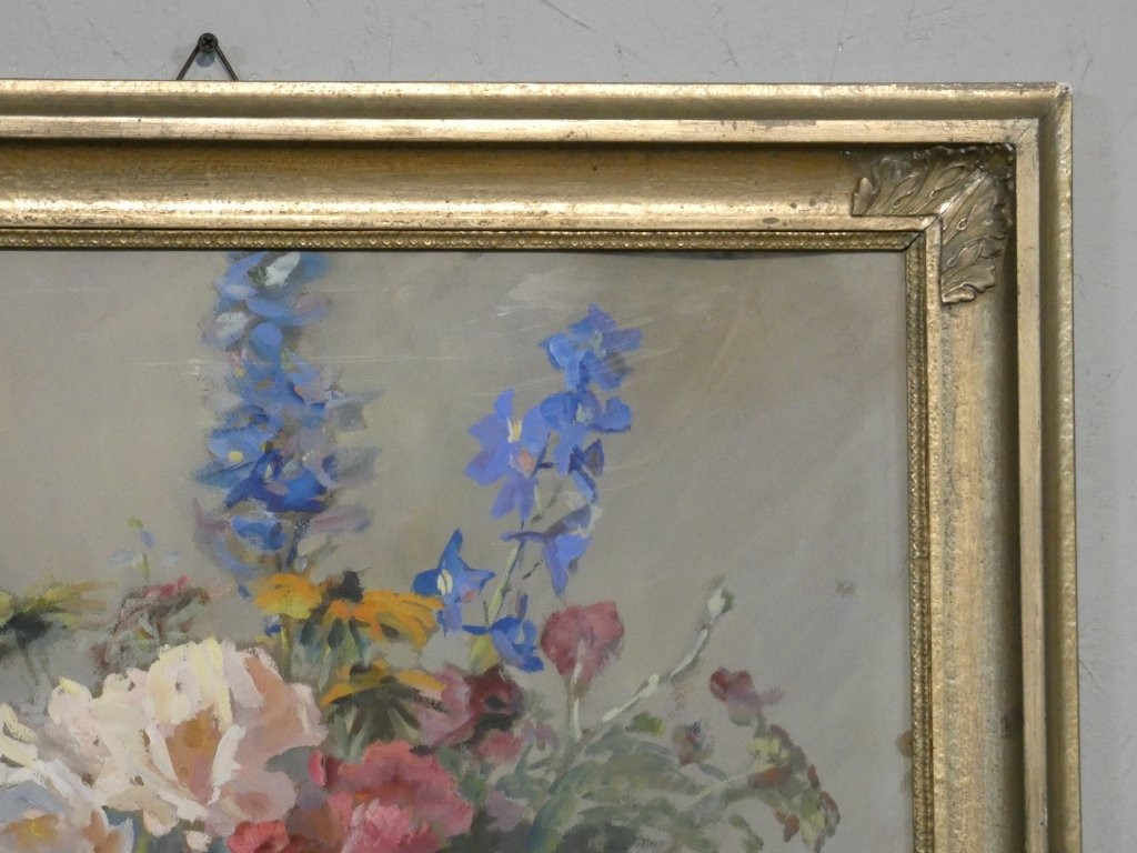 Bouquet Of Flowers In A Porcelain Vase, Still Life With Gouache Signed H Dame-photo-3