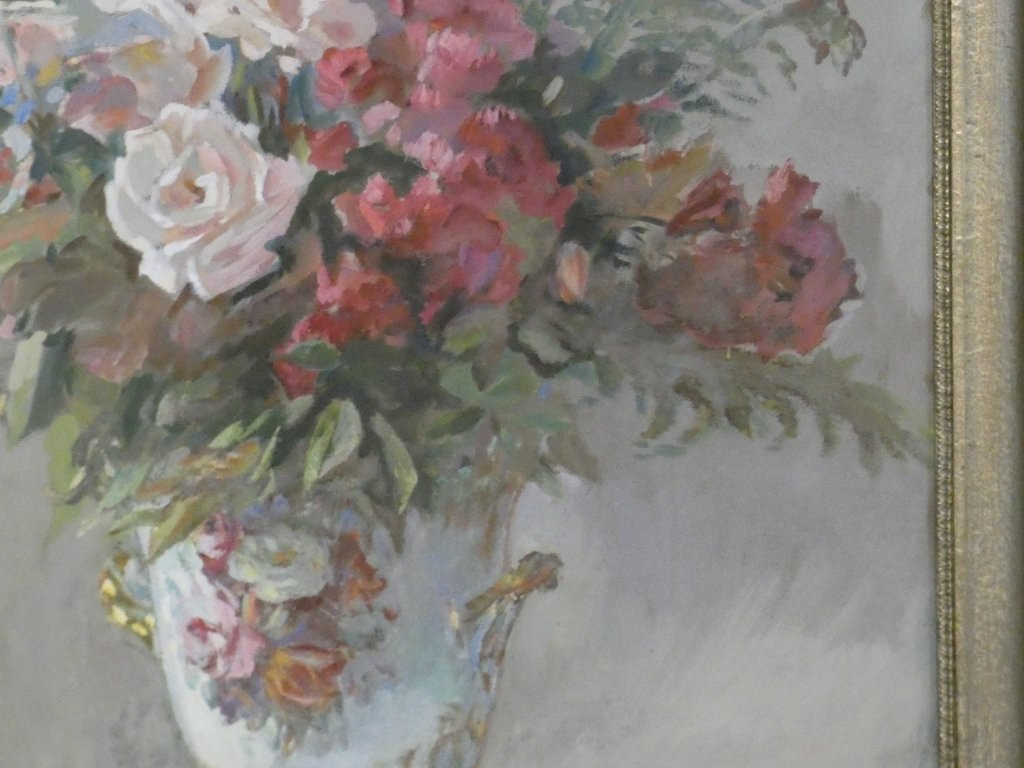 Bouquet Of Flowers In A Porcelain Vase, Still Life With Gouache Signed H Dame-photo-4