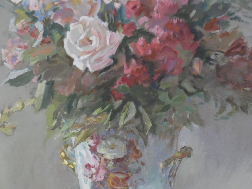 Bouquet Of Flowers In A Porcelain Vase, Still Life With Gouache Signed H Dame-photo-7
