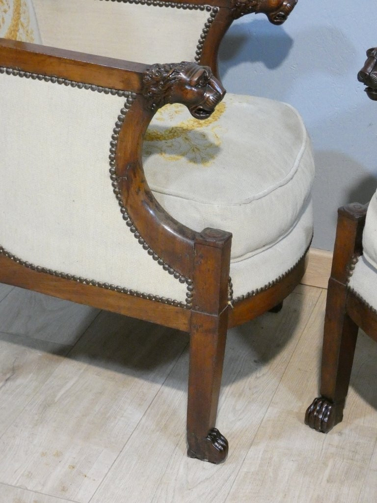 Pair Of Mahogany Officer's Armchairs With Lions Attributed To Demay, First Empire Period-photo-3