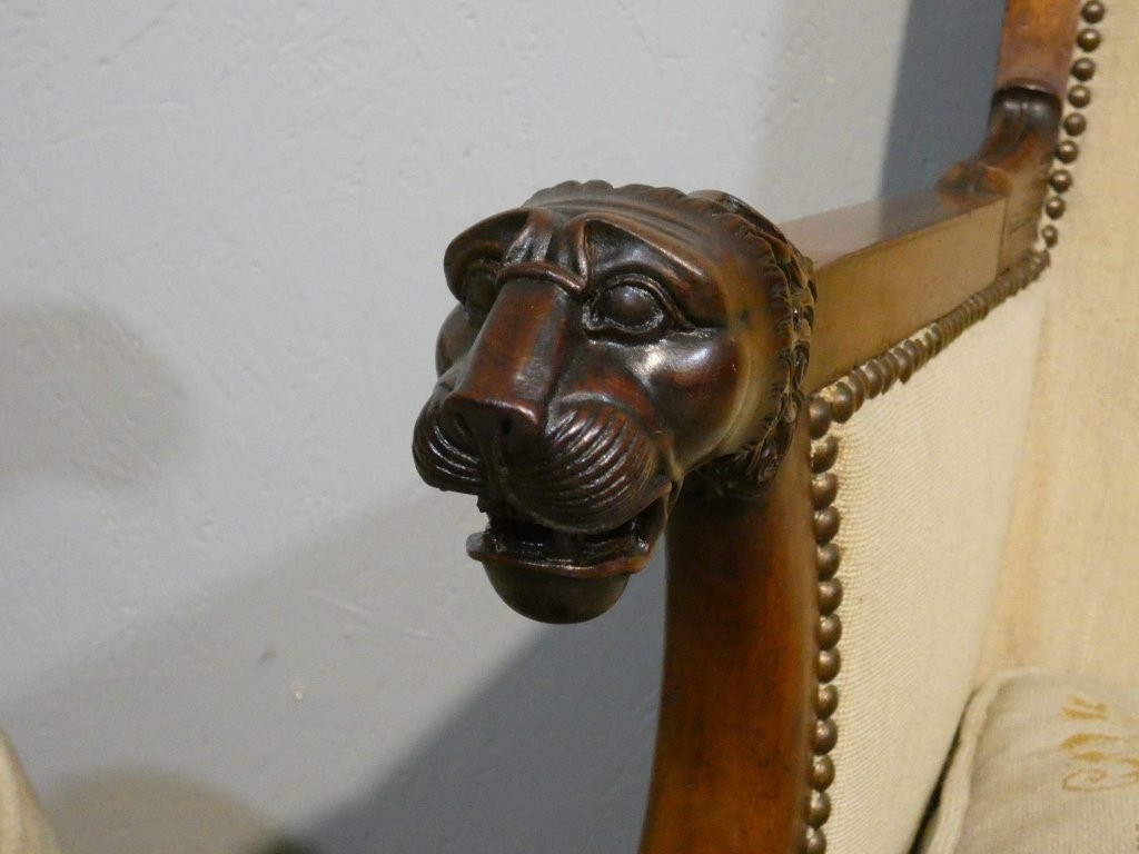 Pair Of Mahogany Officer's Armchairs With Lions Attributed To Demay, First Empire Period-photo-2