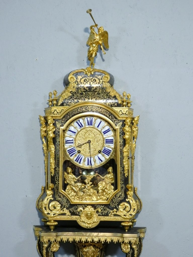 Pendule en cartel d'époque Louis XIV en marqueterie Boulle, horloger Masson à Paris, XVIII ème-photo-2
