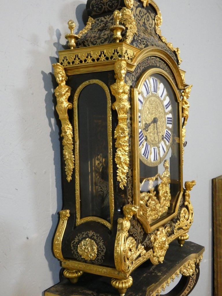 Pendule en cartel d'époque Louis XIV en marqueterie Boulle, horloger Masson à Paris, XVIII ème-photo-1