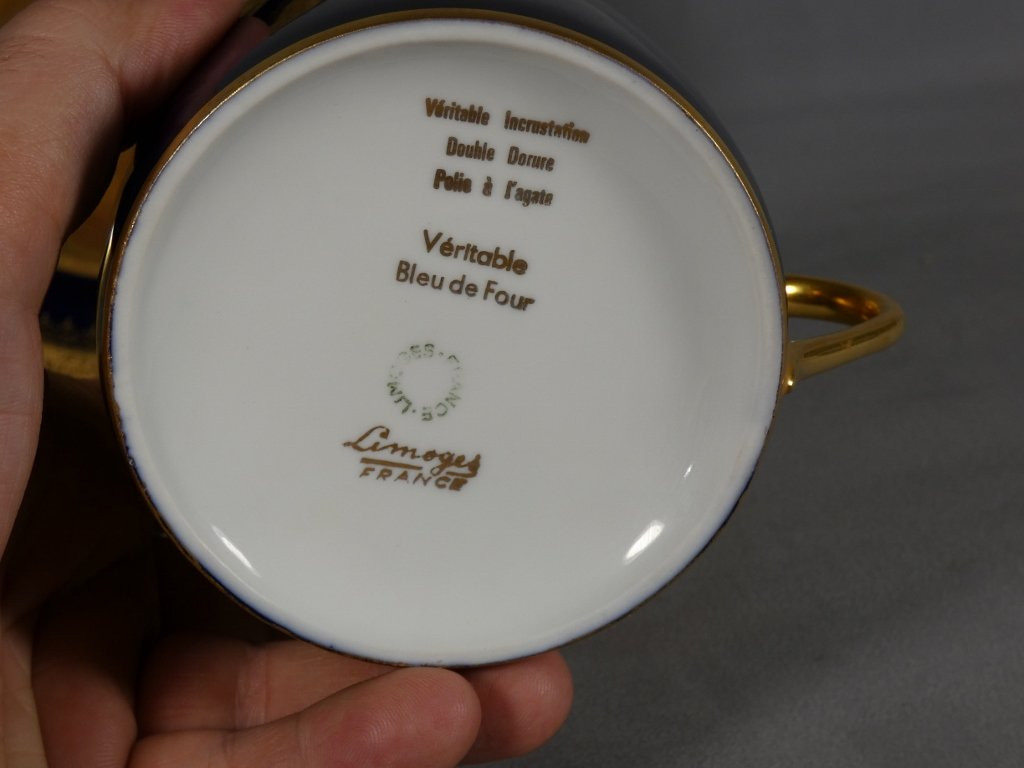 Collectible Porcelain Breakfast Cup With Gold Inlay And Limoges Blue Ovenware Circa 1960-photo-4