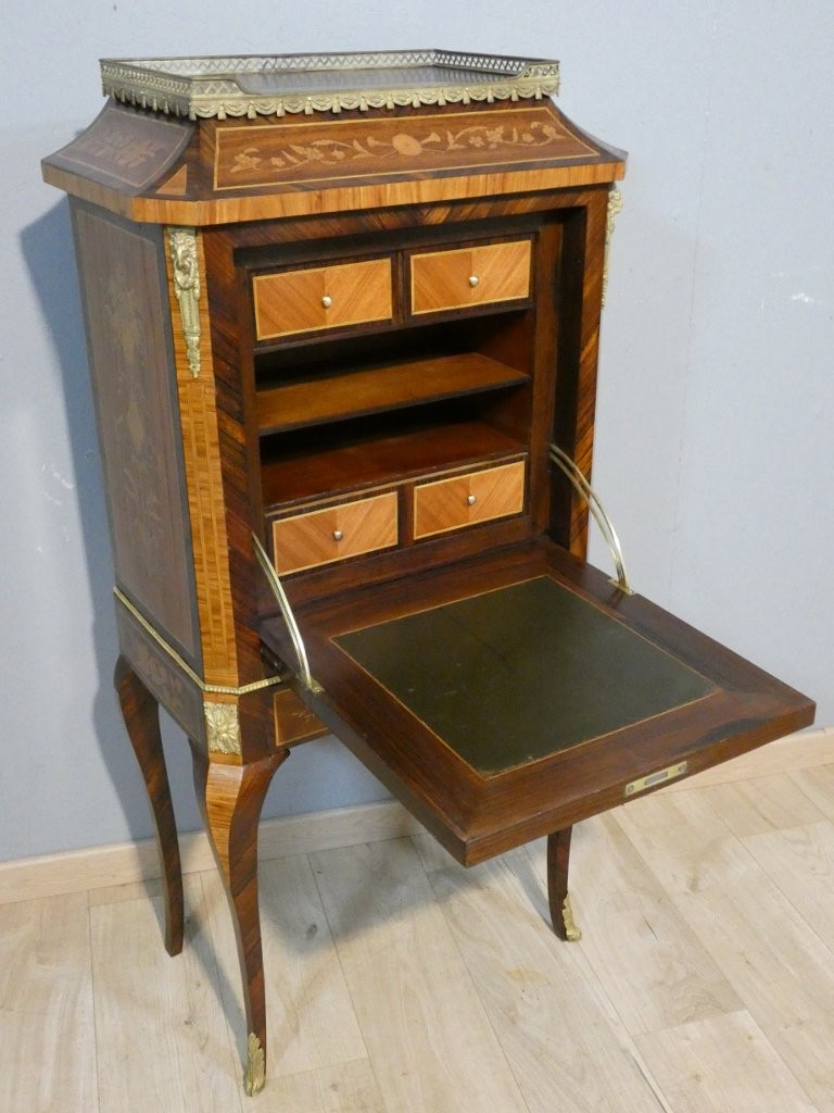 Lady's Secretary In Cabinet, Bonheur Du Jour, Rosewood, Rosewood Marquetry, 19th Century-photo-3