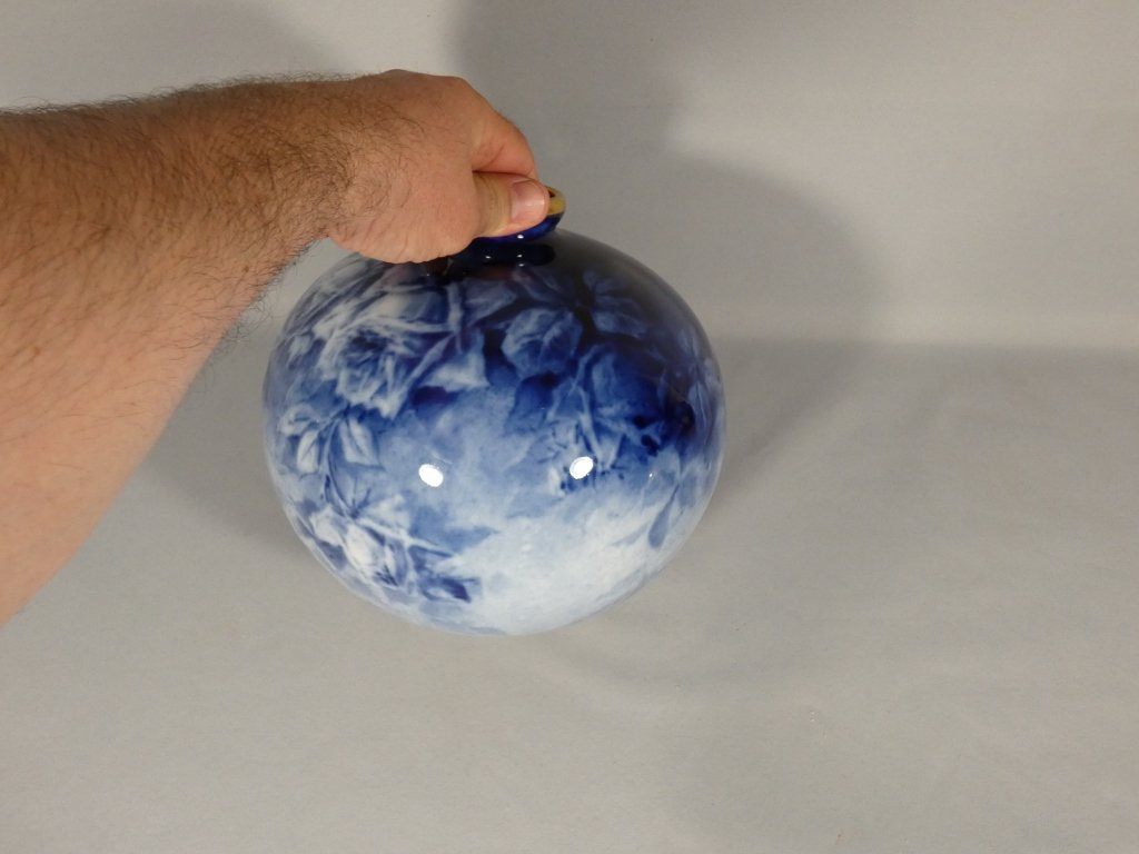 Blue Roses, Limoges Porcelain Ball Vase Painted By Marcadet-photo-1