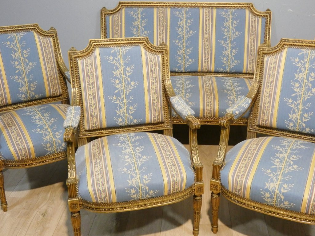 Salon Louis XVI bois doré, banquette et 4 fauteuils bois sculpté, époque XIX ème-photo-2