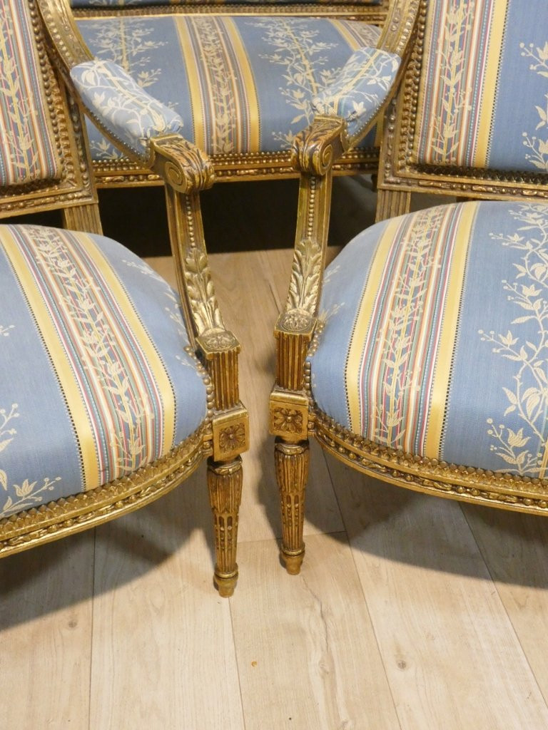 Salon Louis XVI bois doré, banquette et 4 fauteuils bois sculpté, époque XIX ème-photo-3