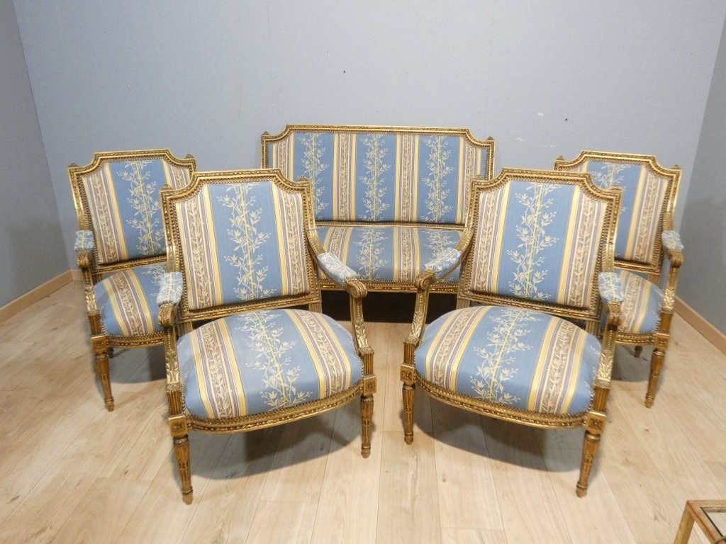 Salon Louis XVI bois doré, banquette et 4 fauteuils bois sculpté, époque XIX ème-photo-1