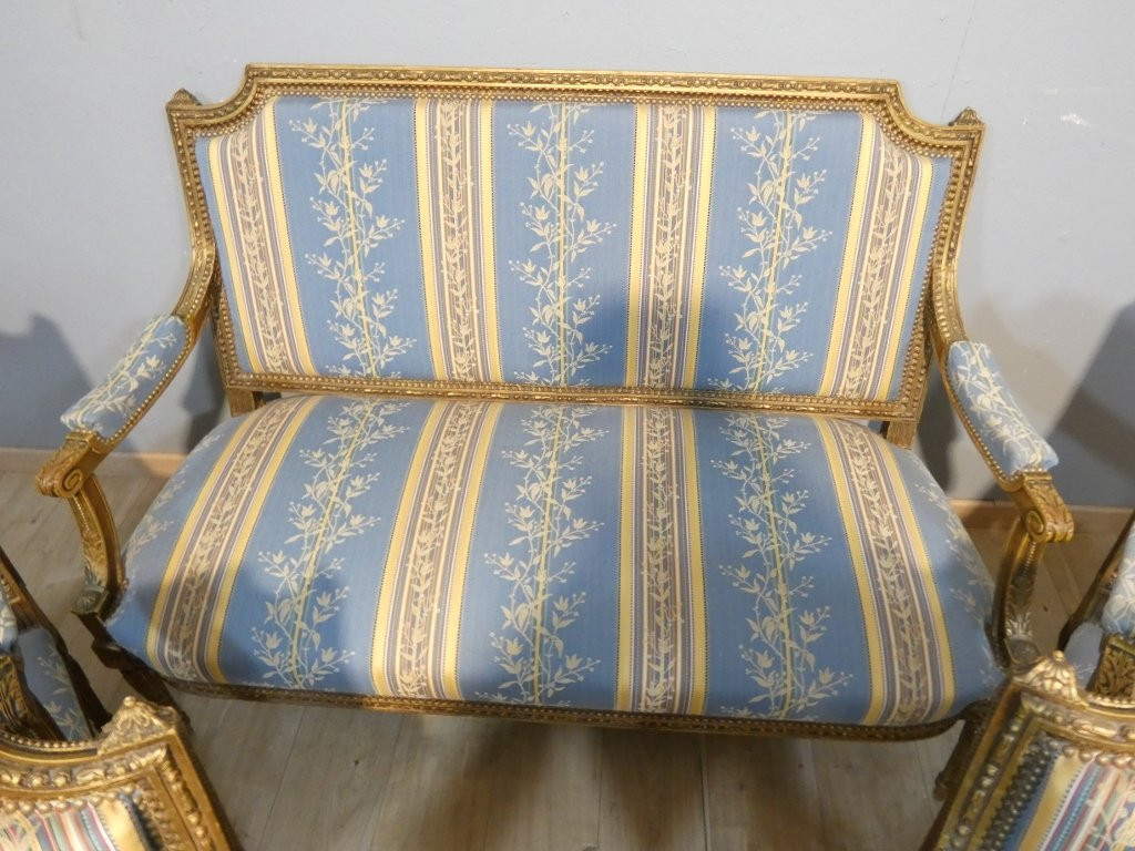 Salon Louis XVI bois doré, banquette et 4 fauteuils bois sculpté, époque XIX ème-photo-3