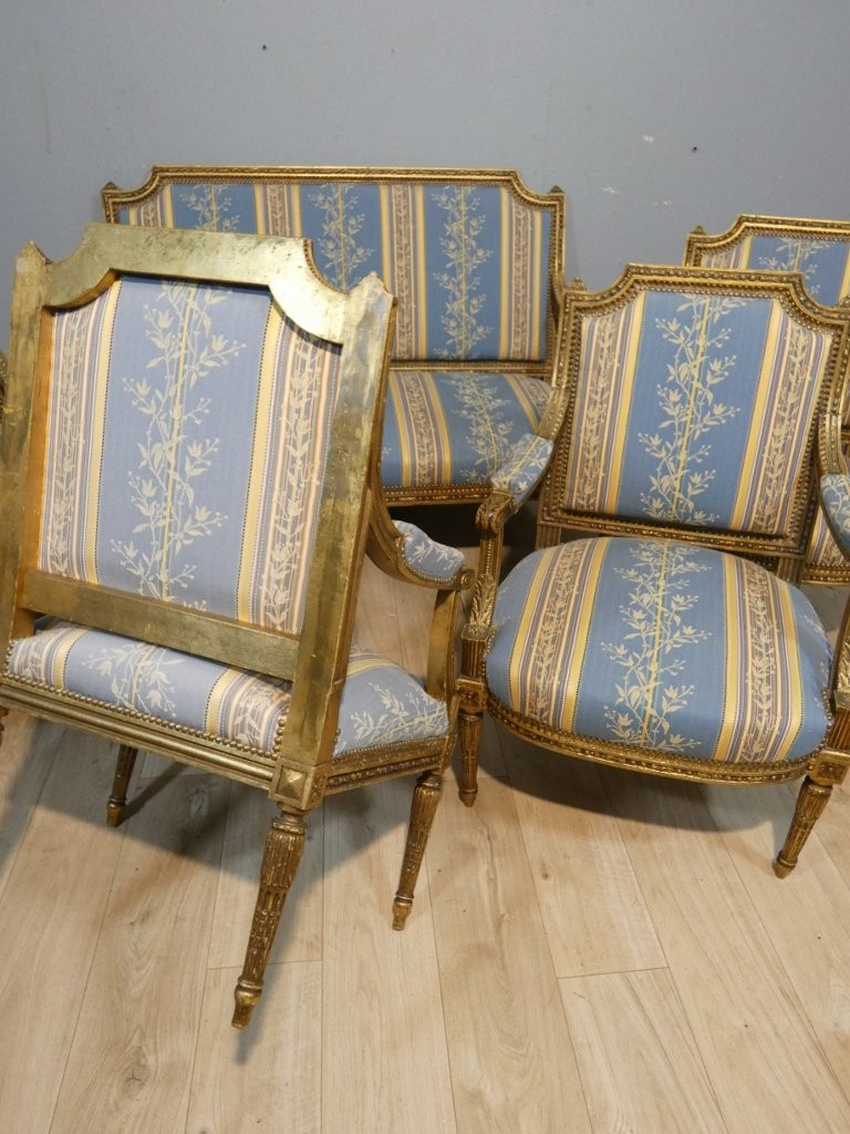 Salon Louis XVI bois doré, banquette et 4 fauteuils bois sculpté, époque XIX ème-photo-4