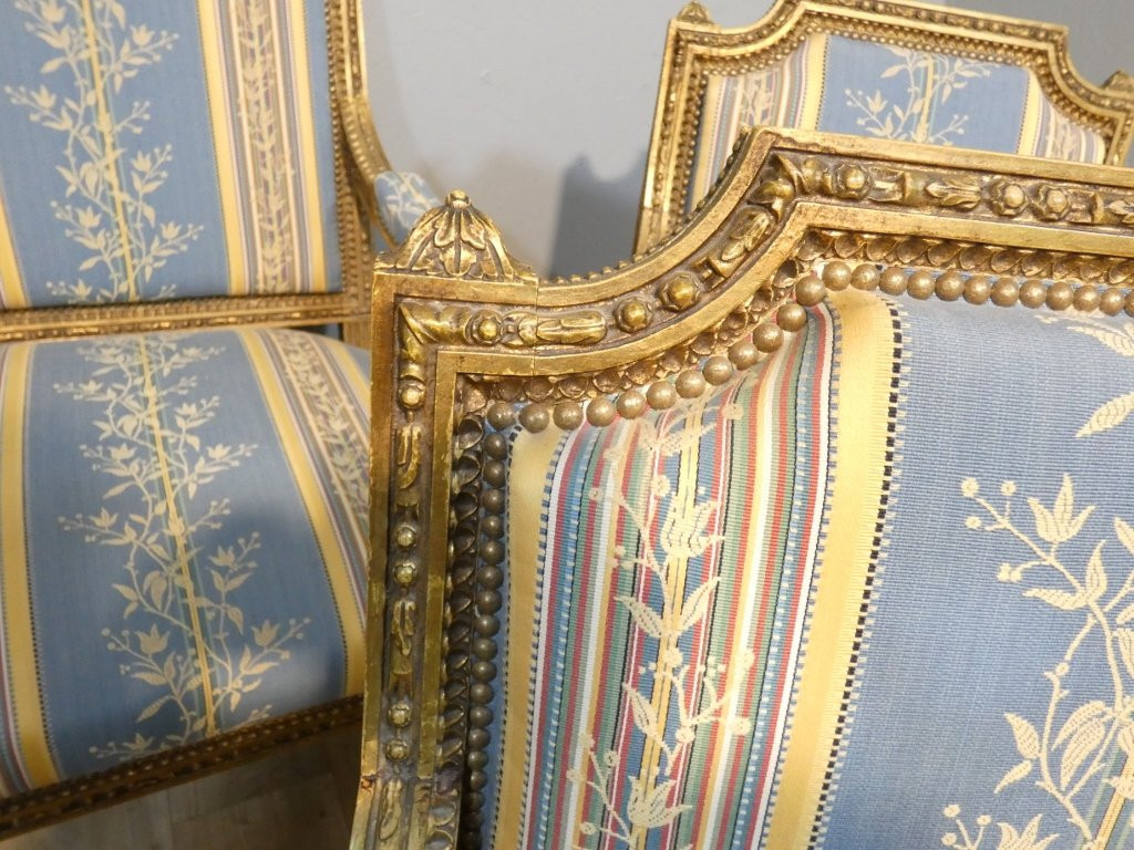 Salon Louis XVI bois doré, banquette et 4 fauteuils bois sculpté, époque XIX ème-photo-5