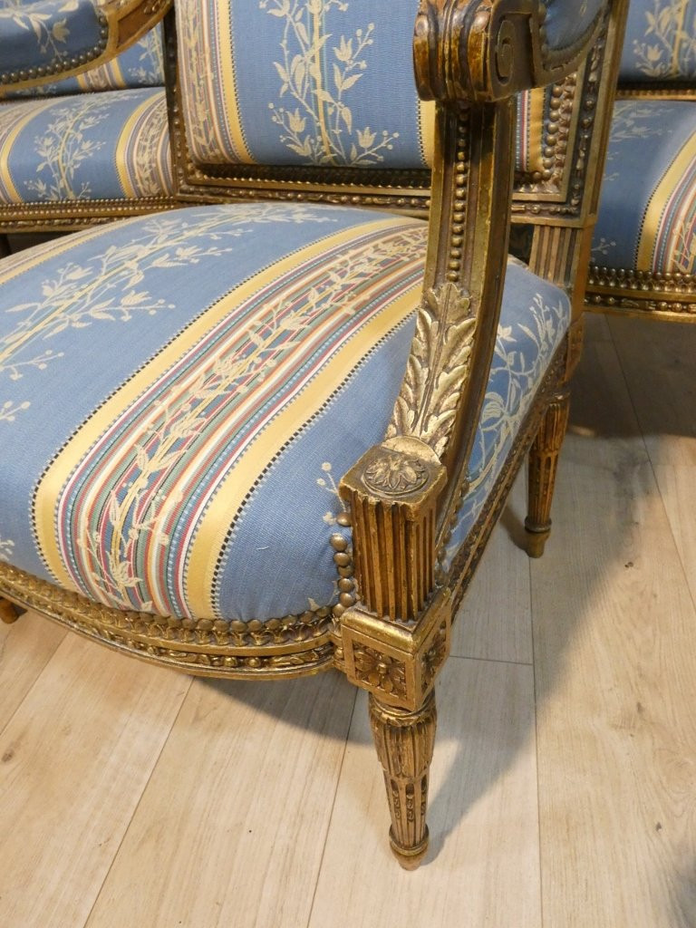 Salon Louis XVI bois doré, banquette et 4 fauteuils bois sculpté, époque XIX ème-photo-6