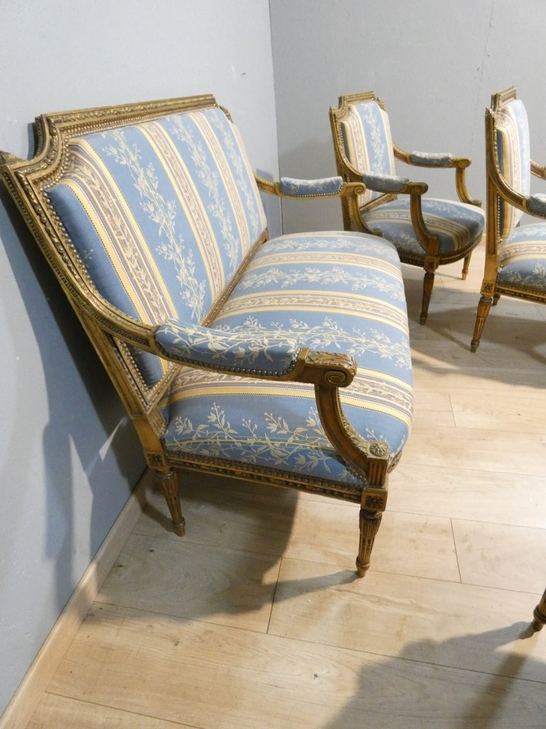 Salon Louis XVI bois doré, banquette et 4 fauteuils bois sculpté, époque XIX ème-photo-8