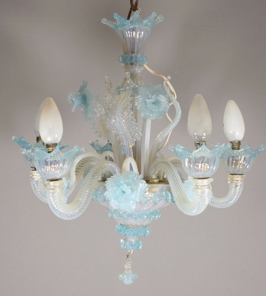 Small Italian Chandelier In Blue Opalescent Glass From Murano Venice-photo-2