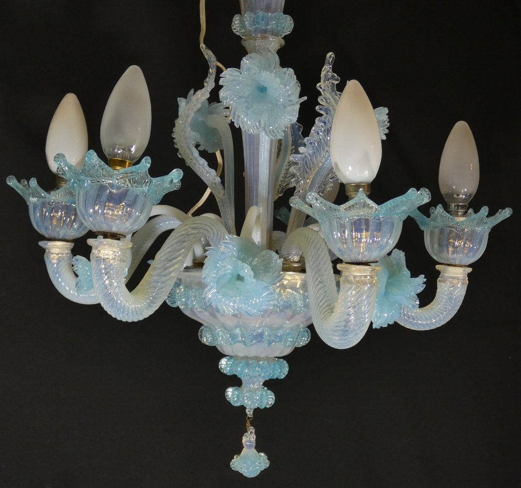 Small Italian Chandelier In Blue Opalescent Glass From Murano Venice-photo-3