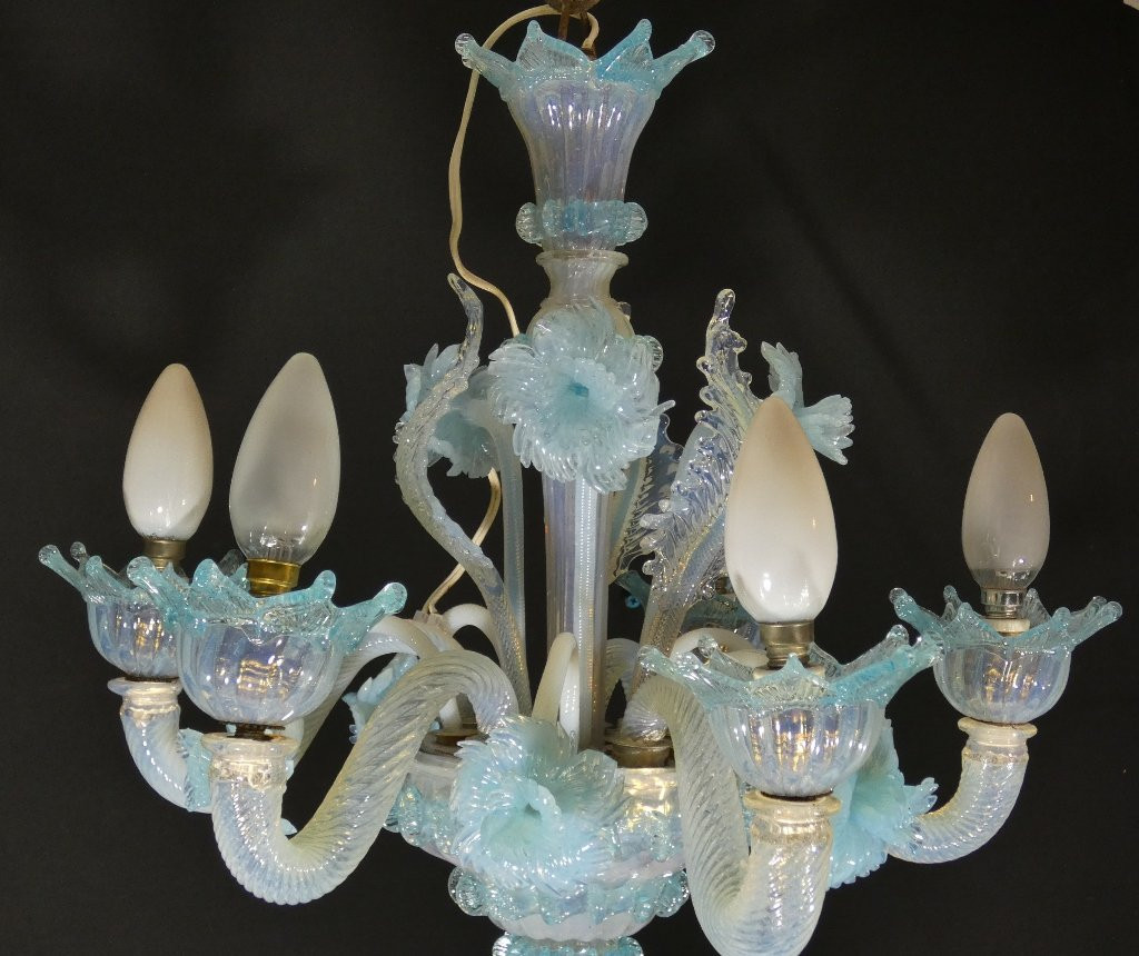 Small Italian Chandelier In Blue Opalescent Glass From Murano Venice-photo-4