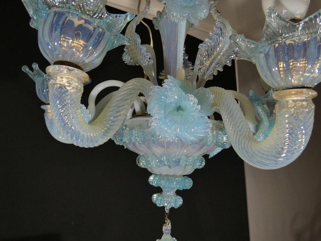 Small Italian Chandelier In Blue Opalescent Glass From Murano Venice-photo-3