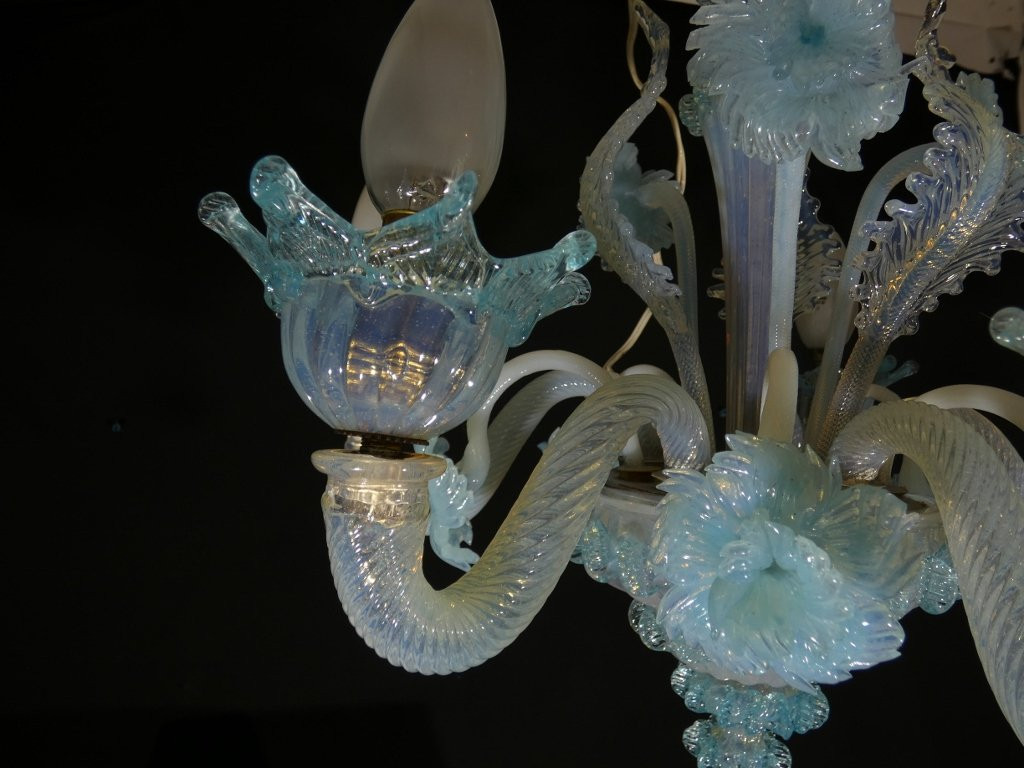 Small Italian Chandelier In Blue Opalescent Glass From Murano Venice-photo-4