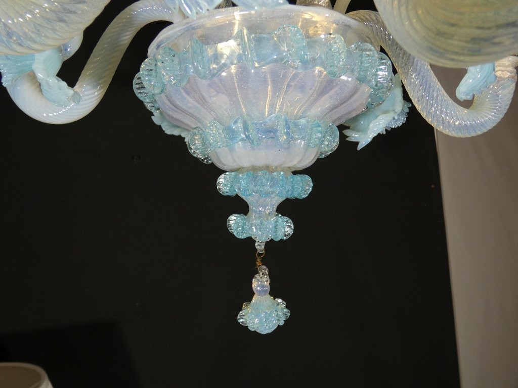 Small Italian Chandelier In Blue Opalescent Glass From Murano Venice-photo-5