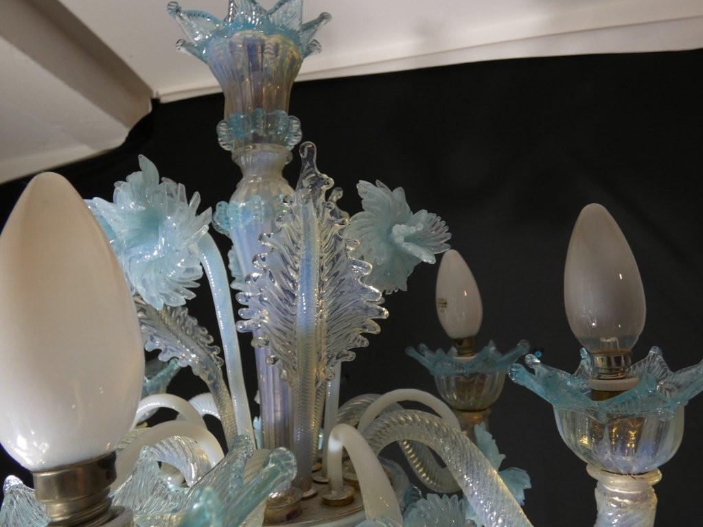 Small Italian Chandelier In Blue Opalescent Glass From Murano Venice-photo-6