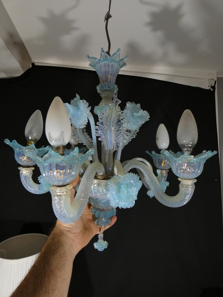 Small Italian Chandelier In Blue Opalescent Glass From Murano Venice-photo-8