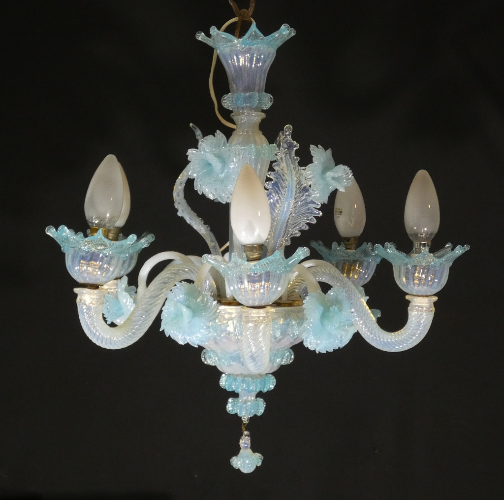 Small Italian Chandelier In Blue Opalescent Glass From Murano Venice