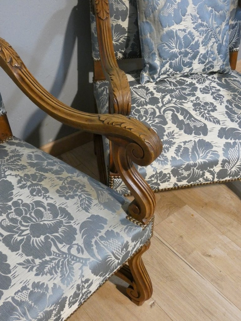 Pair Of Louis XIII Style Armchairs In Carved Walnut, Late 19th Century-photo-2