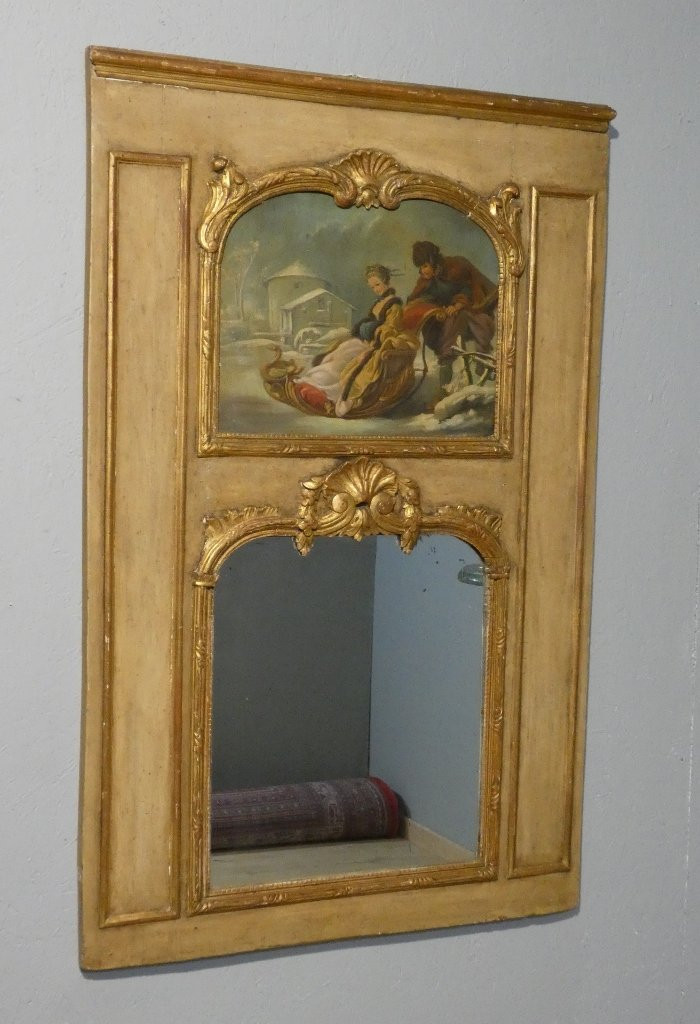 Louis XV Style Trumeau In Gilded And Painted Wood, Painting Of A Snow Scene With A Sleigh-photo-3