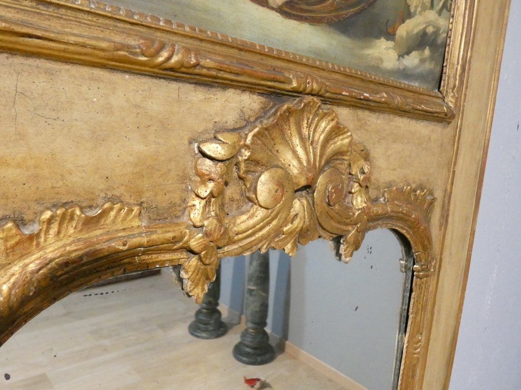 Louis XV Style Trumeau In Gilded And Painted Wood, Painting Of A Snow Scene With A Sleigh-photo-3