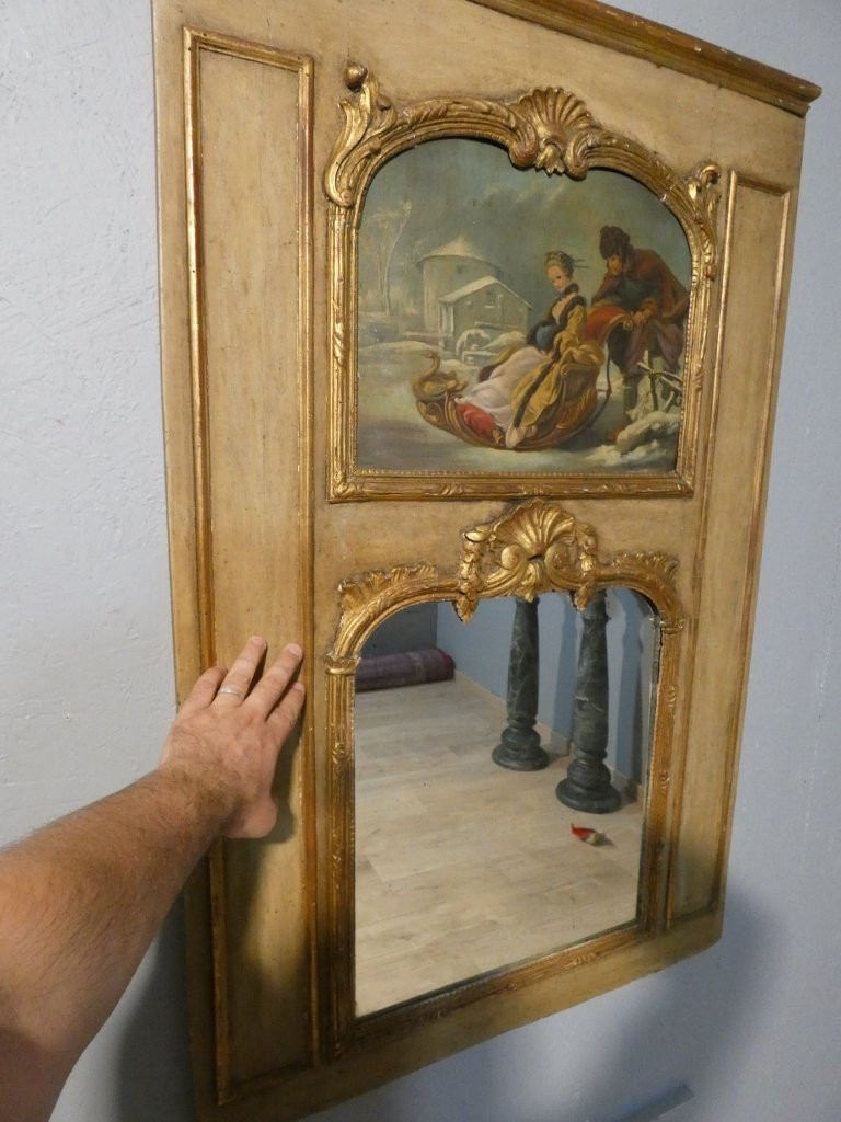 Louis XV Style Trumeau In Gilded And Painted Wood, Painting Of A Snow Scene With A Sleigh-photo-7