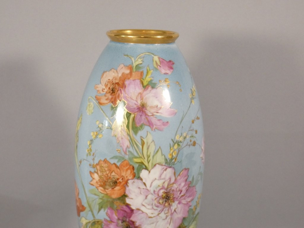 Pavots et roses, vase en porcelaine de Limoges Bernardaud début XX ème-photo-4