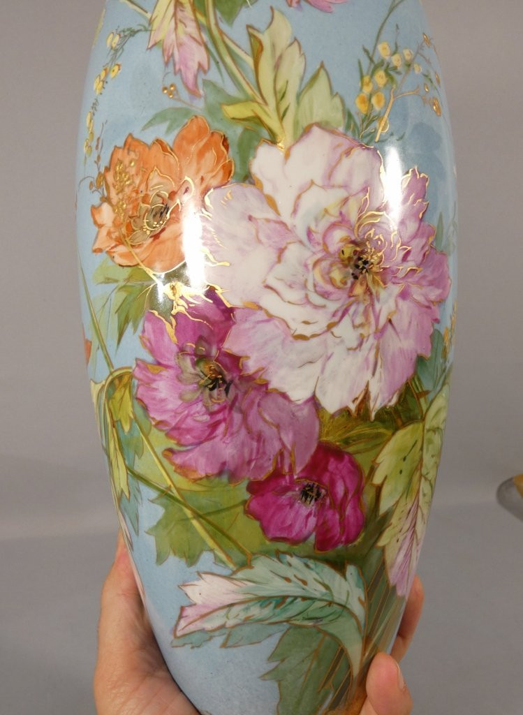 Pavots et roses, vase en porcelaine de Limoges Bernardaud début XX ème-photo-3