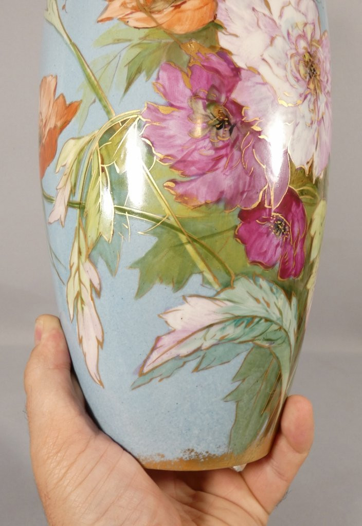 Pavots et roses, vase en porcelaine de Limoges Bernardaud début XX ème-photo-4
