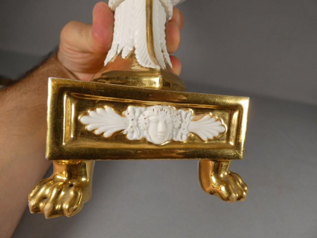 Corbeille, coupe navette Empire en porcelaine de Paris doré et blanche, époque début XIX ème-photo-5