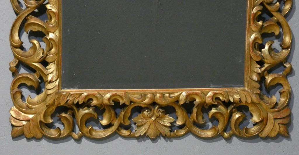 Openwork Carved Wood Mirror With Gilded Leaf, Italy, 19th Century, Tain Mercure Beveled-photo-2