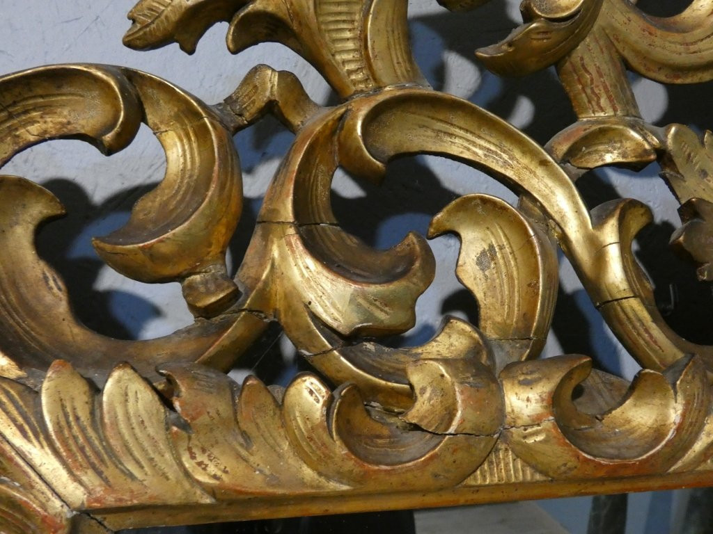 Openwork Carved Wood Mirror With Gilded Leaf, Italy, 19th Century, Tain Mercure Beveled-photo-3