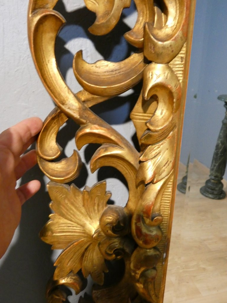 Openwork Carved Wood Mirror With Gilded Leaf, Italy, 19th Century, Tain Mercure Beveled-photo-4