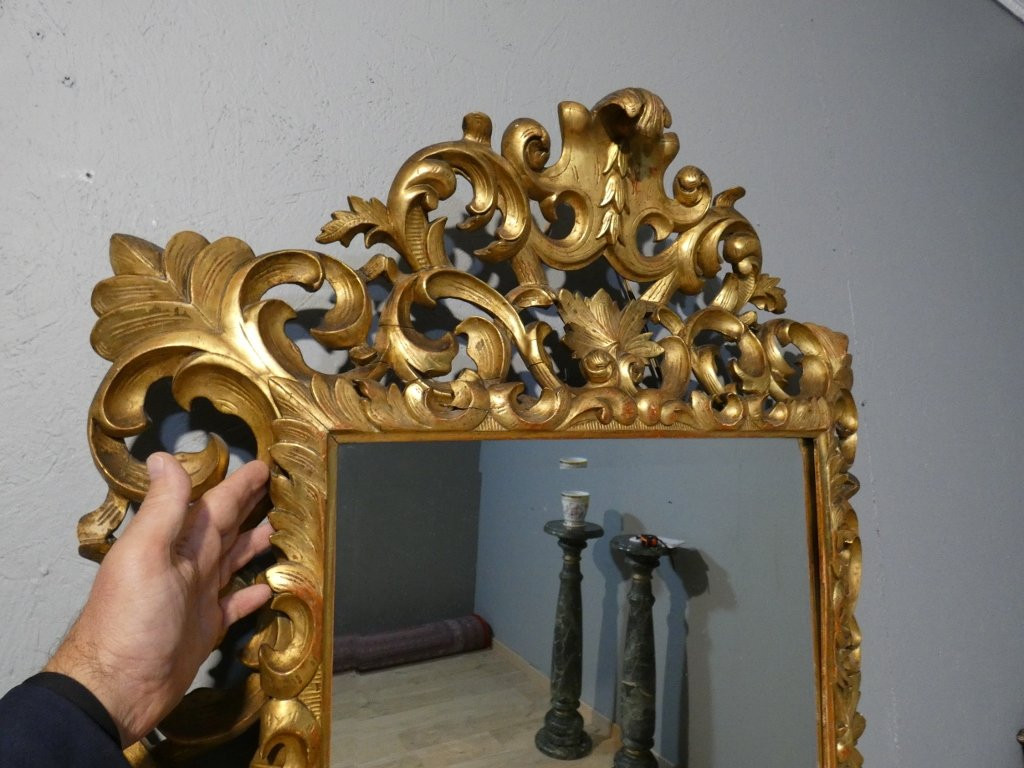 Openwork Carved Wood Mirror With Gilded Leaf, Italy, 19th Century, Tain Mercure Beveled-photo-5