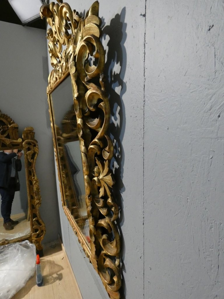 Openwork Carved Wood Mirror With Gilded Leaf, Italy, 19th Century, Tain Mercure Beveled-photo-6